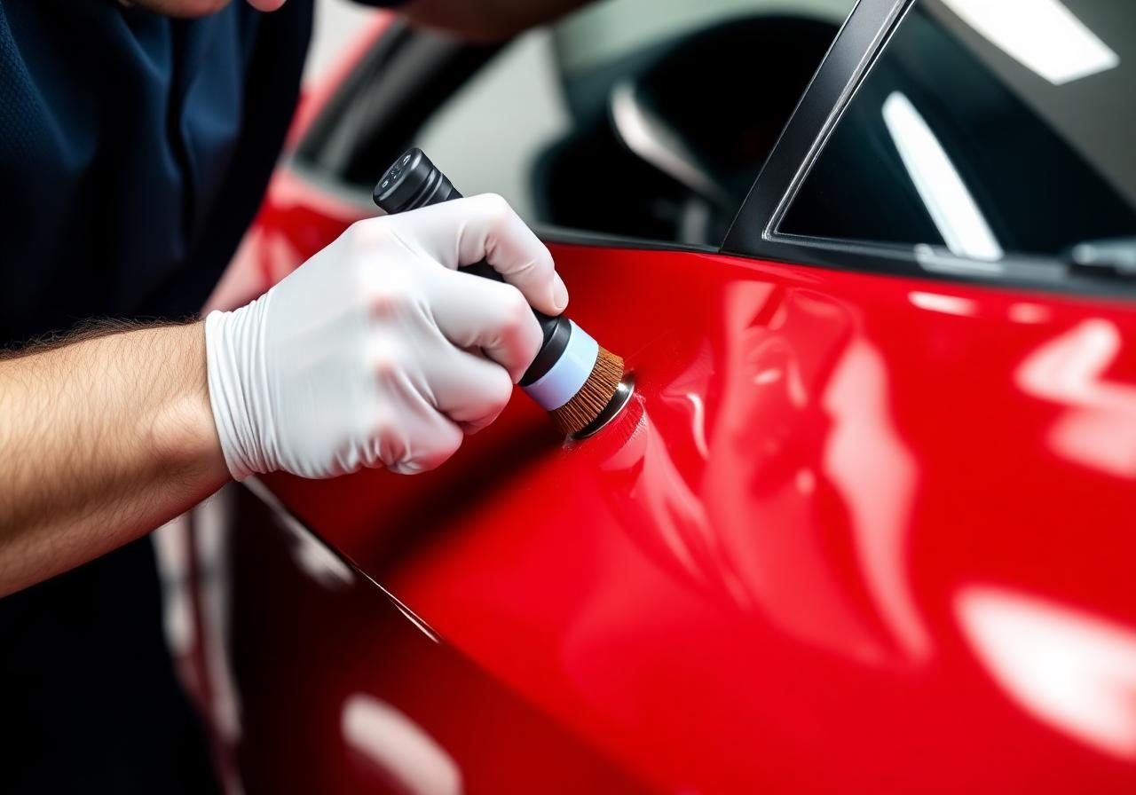 Specialist applying ceramic coating to red sports car