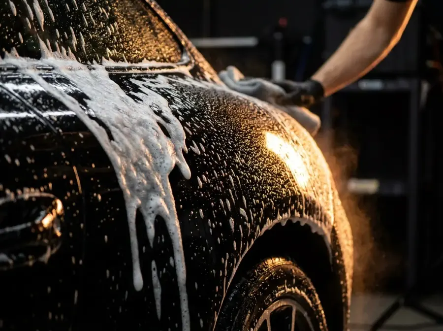 Thick foam wash covering glossy black paint — AI-generated service illustration