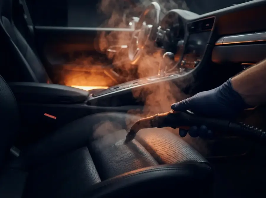 Steam cleaning a black leather seat — AI-generated service illustration