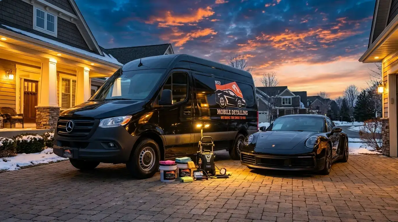NSD mobile detailing rig parked in a client driveway at dusk — AI-generated service illustration