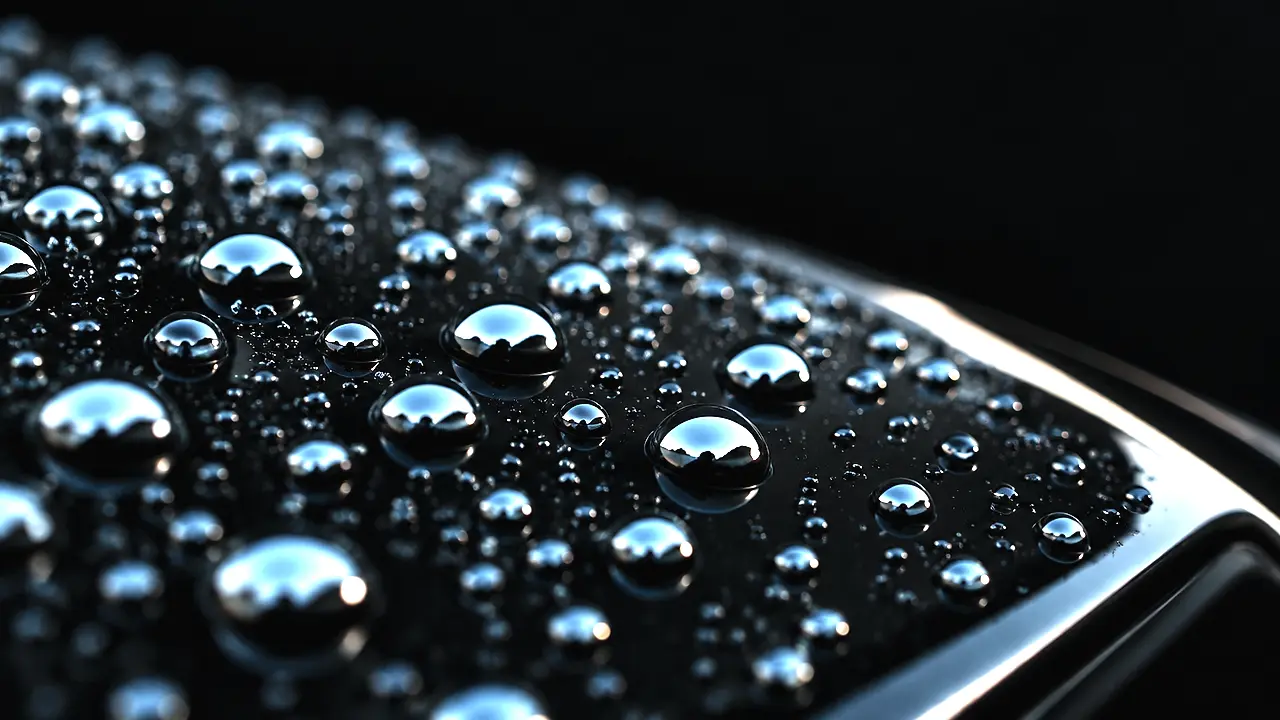 Water beading on ceramic-coated black paint (brand illustration)